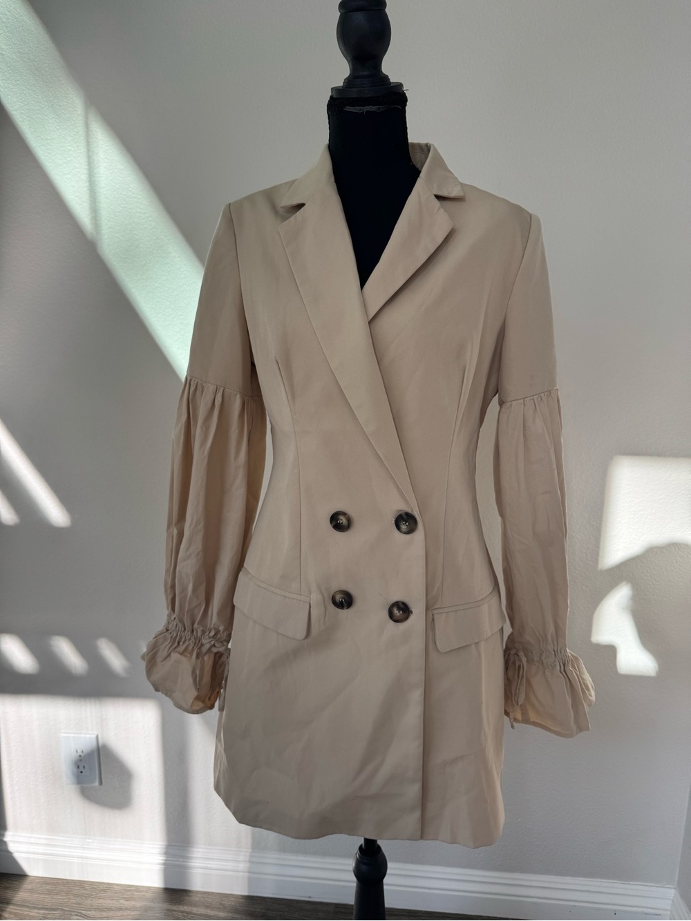 Club L London Beige Double Breasted Blazer Dress Puff Sleeves US 6